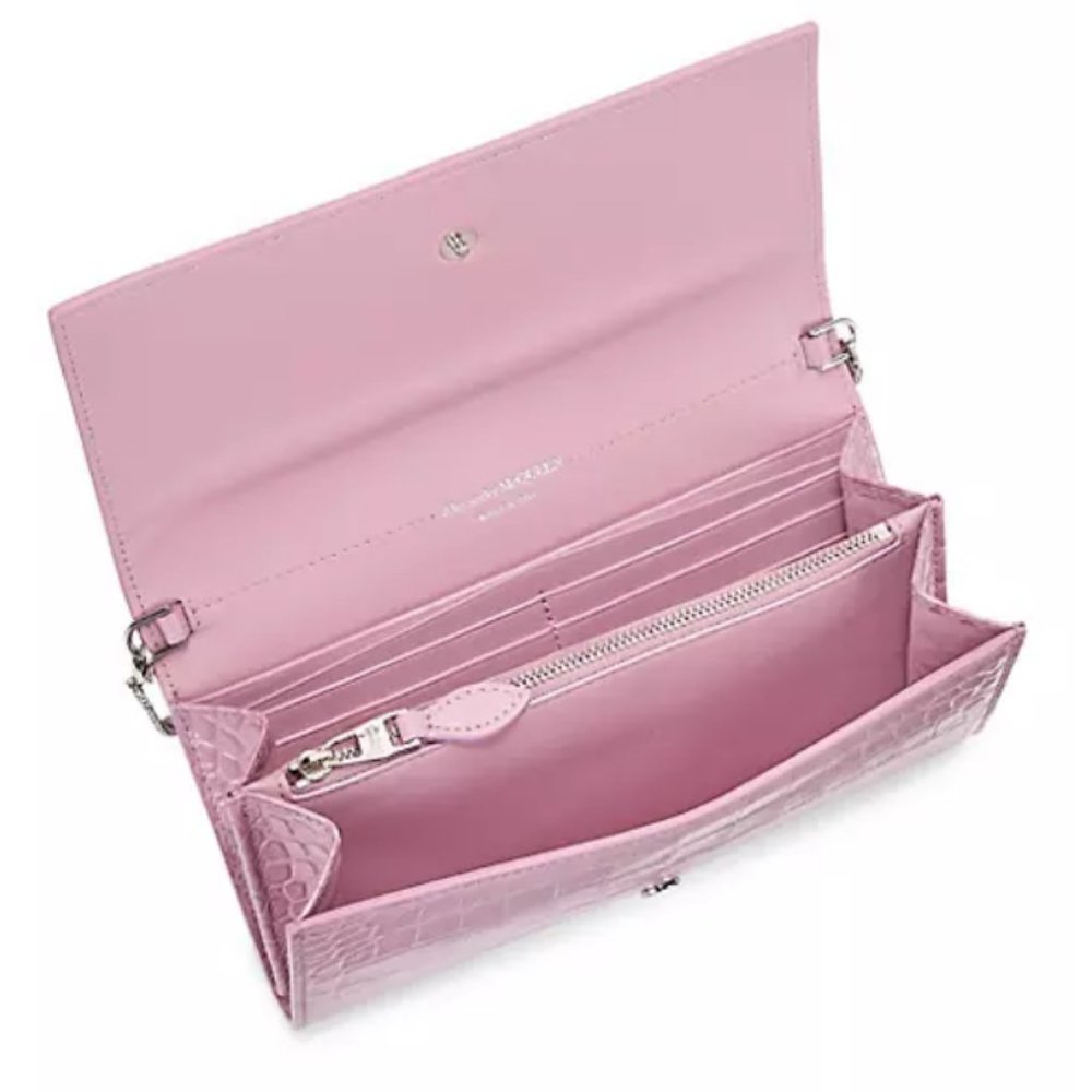 Alexander McQueen Croc-Embossed Leather Wallet-On-Chain Antic Pink - Picture 4 of 13